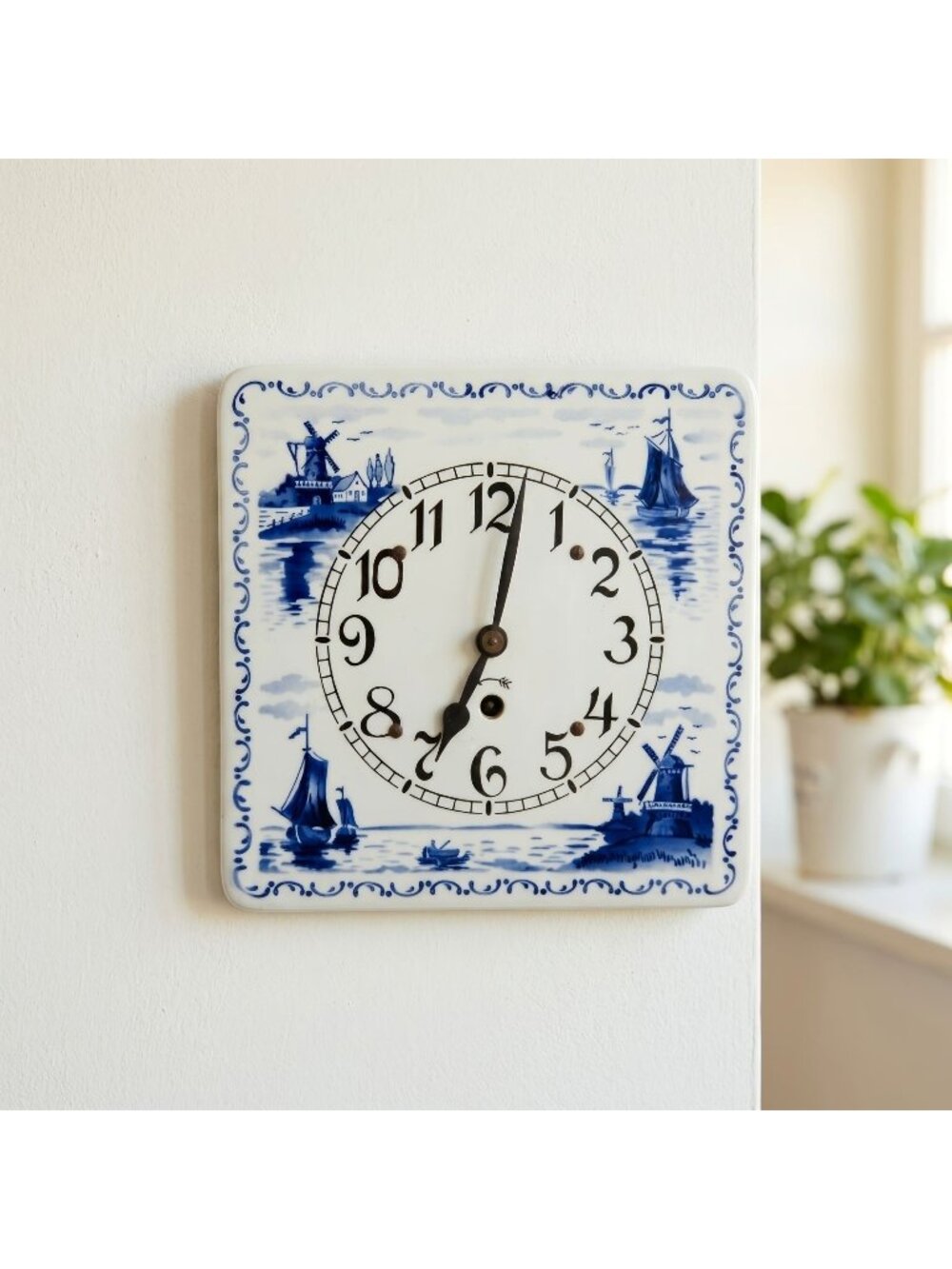Delft-Style Wind-Up Wall Clock Windmill Sailboat Vintage Unbranded 9" AS IS